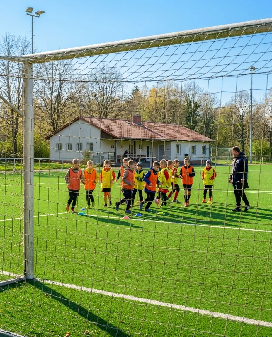 Jugendmannschaft beim Training auf dem Rasenplatz.