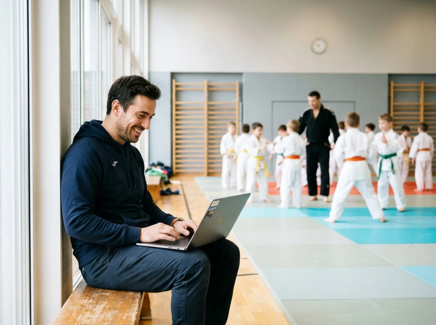 Trainer sitzt mit dem Laptop am Rand der Halle, im Hintergrund läuft das Judotraining.