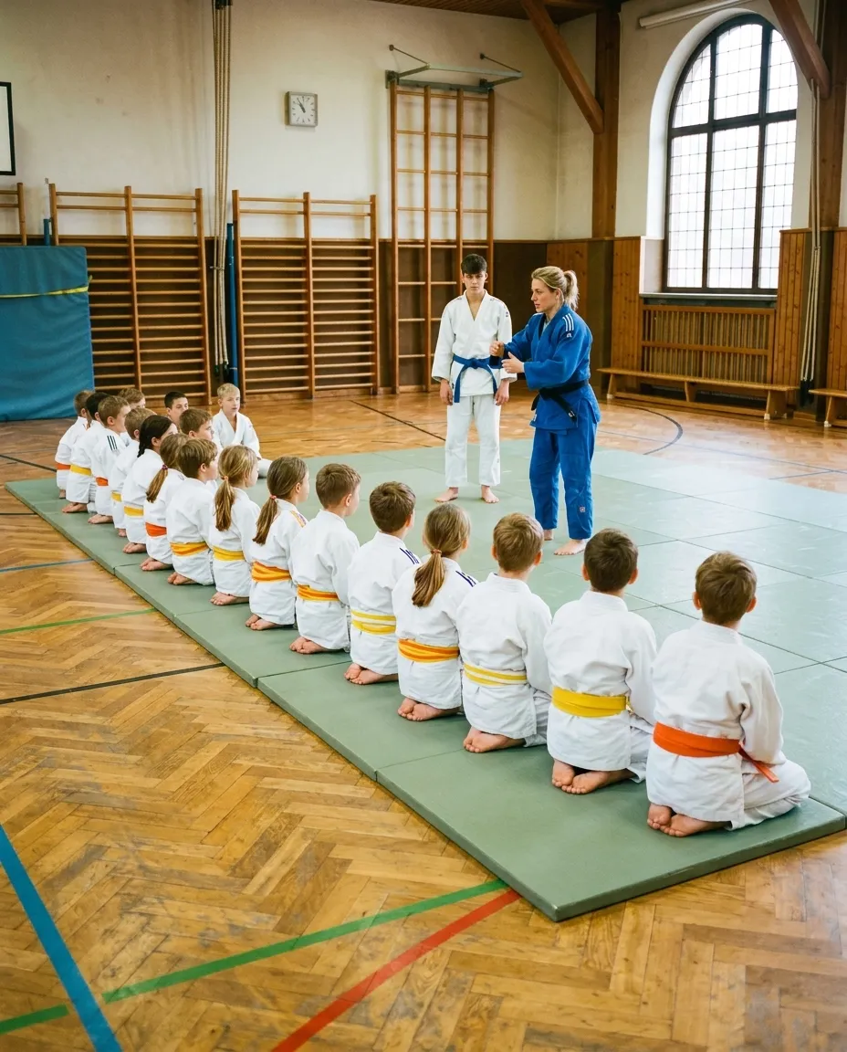 Judotraining: Kinder knien in einer Reihe auf der Matte, die Trainerin erklärt einen Griff.