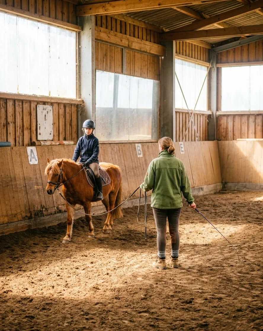 Reitstunde auf dem Außenplatz, die Reitlehrerin geht neben Pferd und Reiterin her.